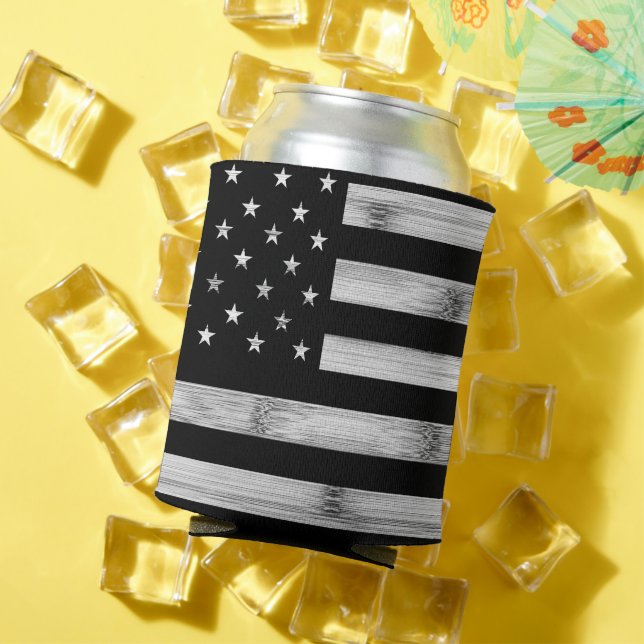 USA flag Rustic Wood Black White Patriotic America Can Cooler (In Situ Summer)