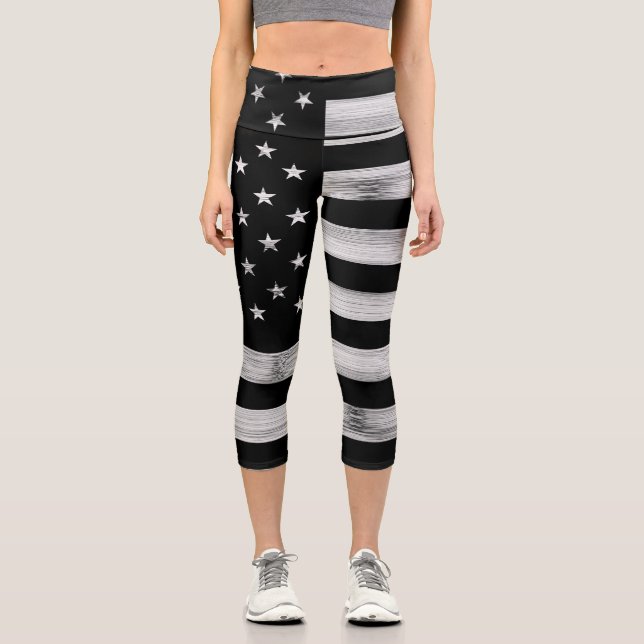 USA flag Rustic Wood Black White Patriotic America Capri Leggings (Front)