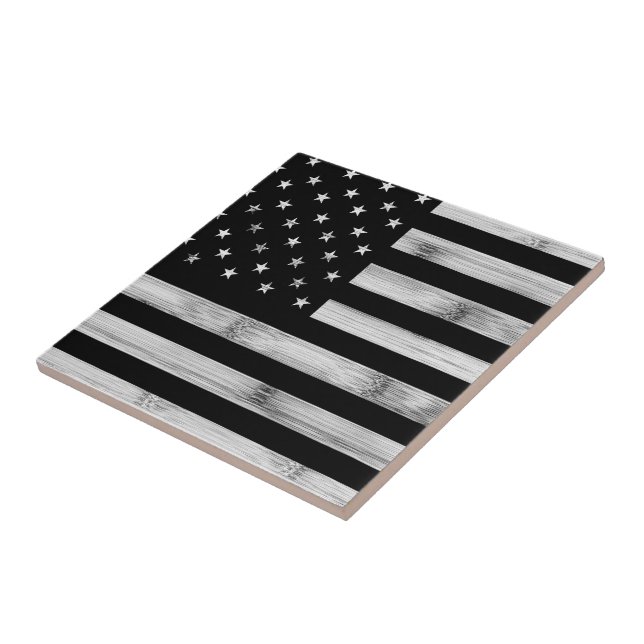 USA flag Rustic Wood Black White Patriotic America Ceramic Tile (Side)