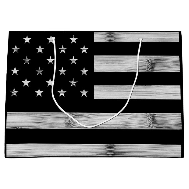 USA flag Rustic Wood Black White Patriotic America Large Gift Bag (Front)