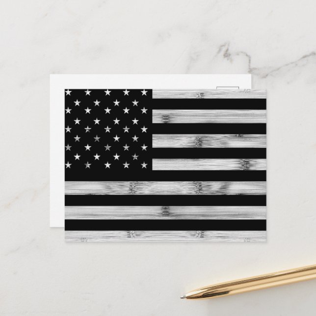 USA flag Rustic Wood Black White Patriotic America Postcard (Front/Back In Situ)