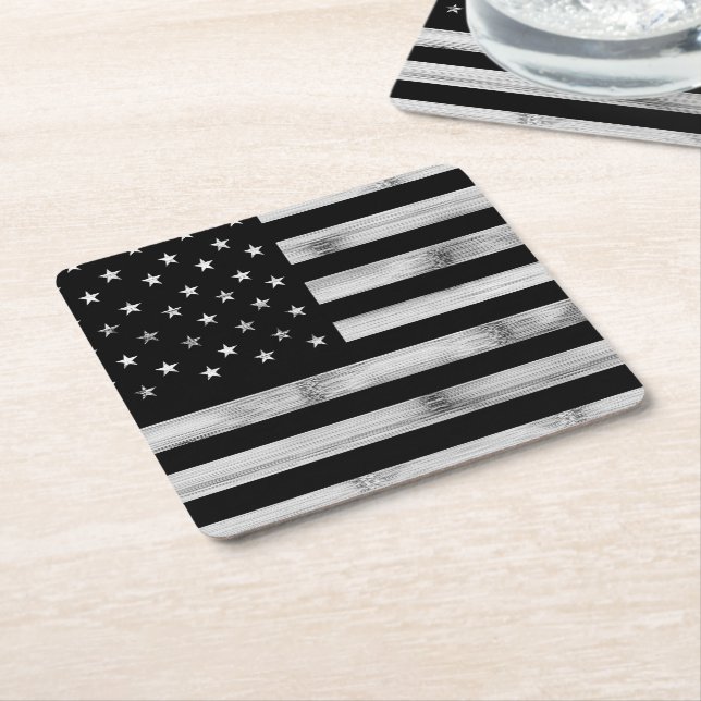 USA flag Rustic Wood Black White Patriotic America Square Paper Coaster (Angled)