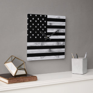 USA flag Rustic Wood Black White Patriotic America Square Wall Clock