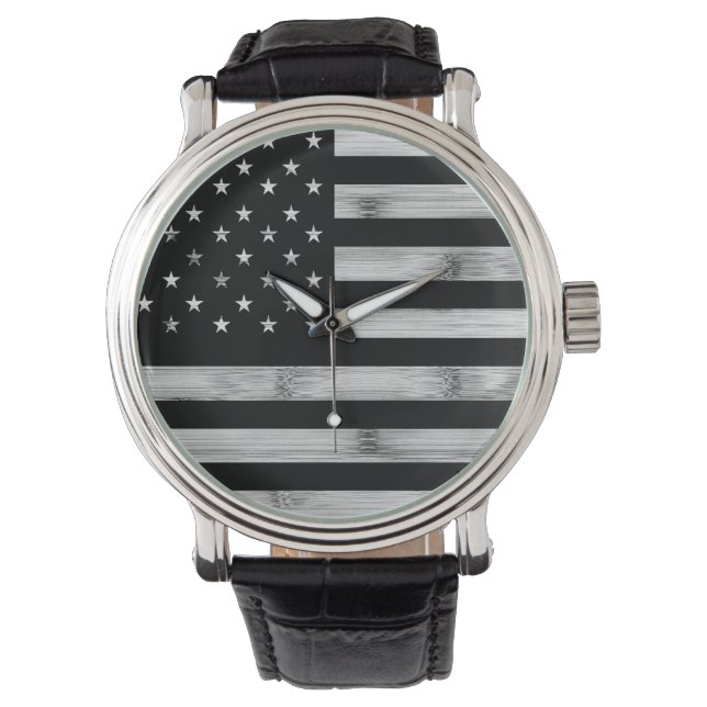 USA flag Rustic Wood Black White Patriotic America Watch (Front)