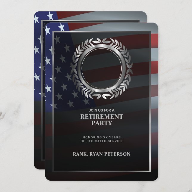 USA Flag | Silver Laurel Leaf | Luxury Retirement Invitation (Front/Back)