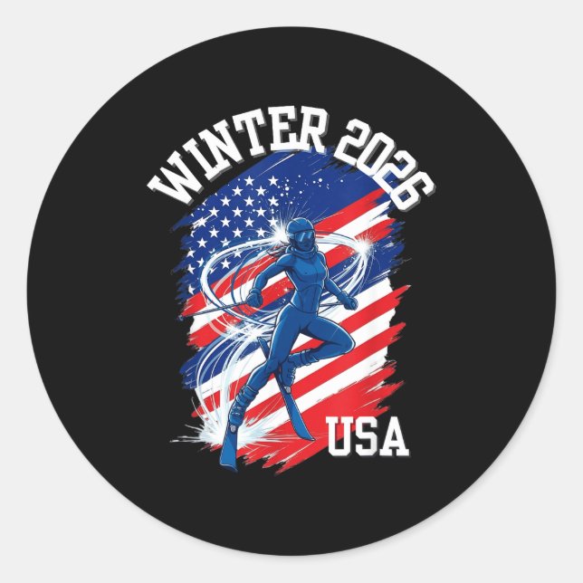 Usa flag ski graphic  classic round sticker (Front)