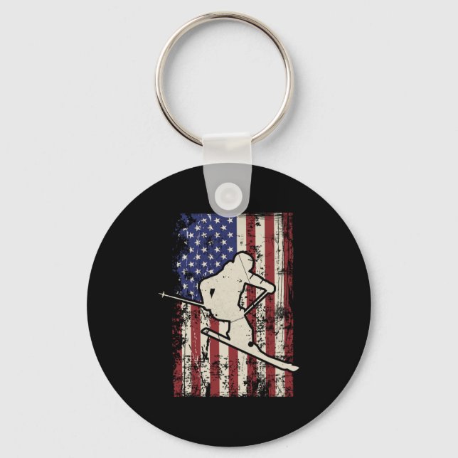 Usa Flag Ski Skiing &amp; Skiier Long Sleeve  Key Ring (Front)