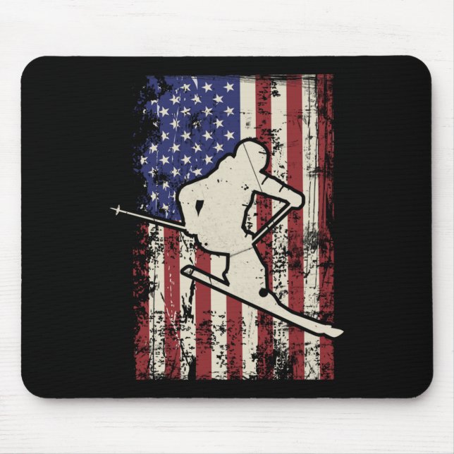 Usa Flag Ski Skiing &amp; Skiier Long Sleeve  Mouse Pad (Front)