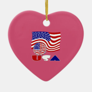 USA Flag Soccer Ball Deep Red Background Heart Ceramic Ornament