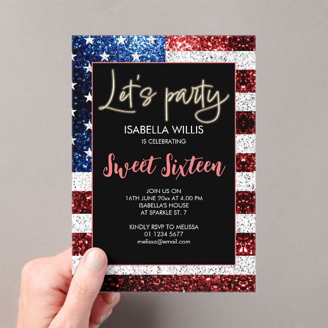 USA flag sparkles Sweet 16 Birthday Lets party Acrylic Invitations (Insitu (Handheld))