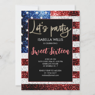 USA flag sparkles Sweet 16 Birthday Lets party Invitation