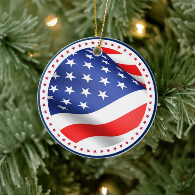 USA Flag Stars Stripes America Patriotic Christmas Ceramic Ornament (Tree)