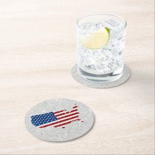 USA Flag Stars & Stripes July 4 Glitter Round Paper Coaster
