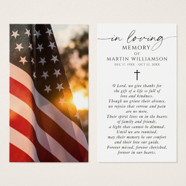 USA Flag Sympathy Funeral Memorial Prayer Card (Front & Back)