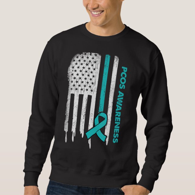 Usa Flag Teal Ribbon Pcos Awareness Sweatshirt (Front)