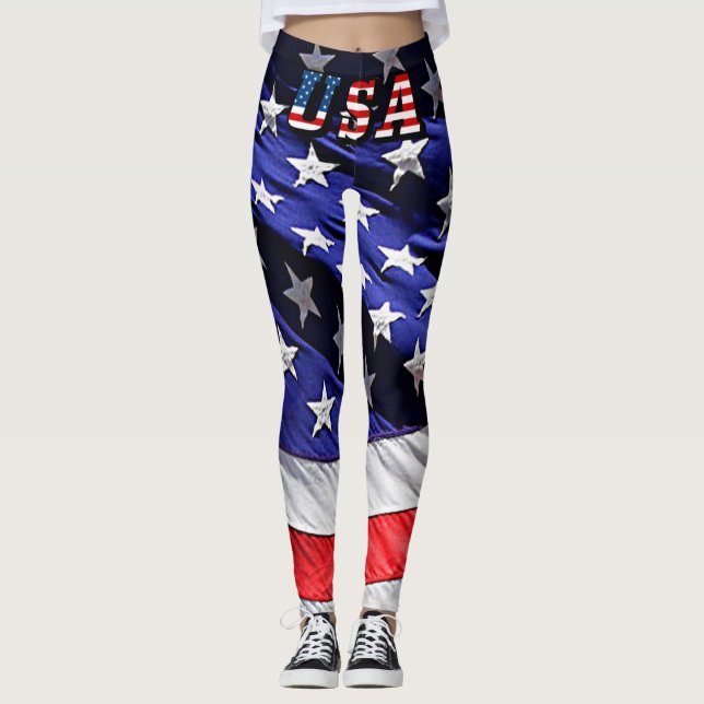 USA Flag Text with the American Flag Leggings (Front)