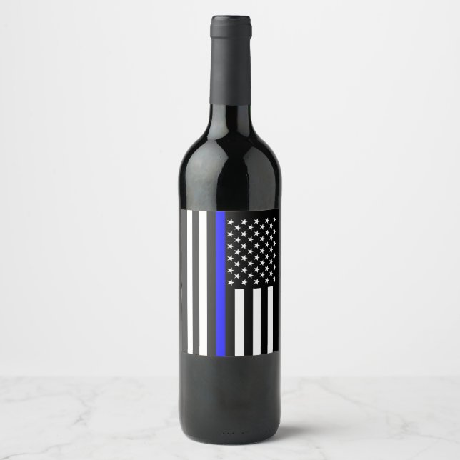 USA Flag Thin Blue Line Symbolic Memorial on a Wine Label (Front)