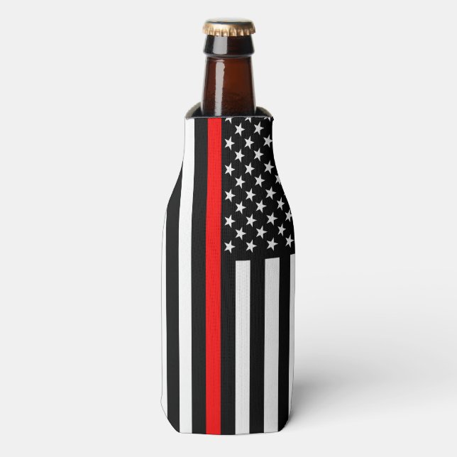 USA Flag Thin Red Line Symbolic Memorial on a Bottle Cooler (Bottle Front)