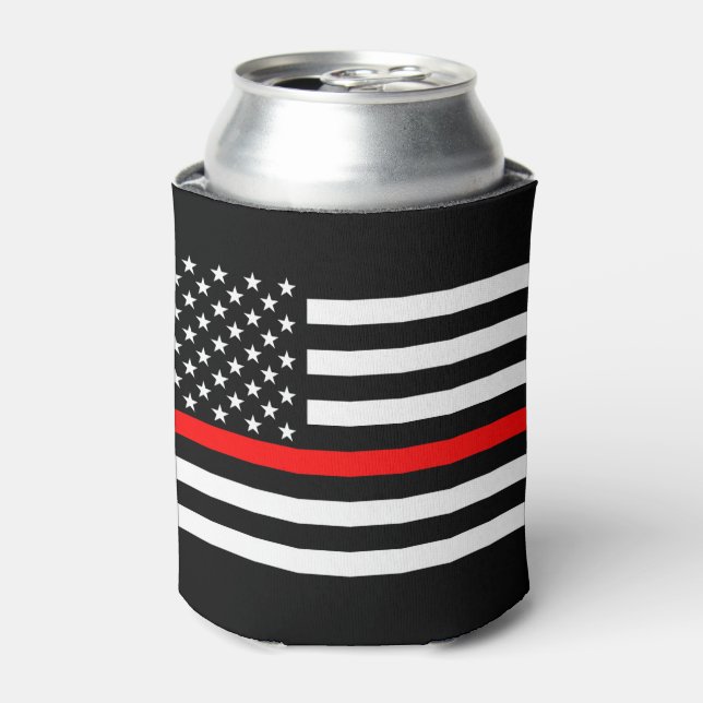USA Flag Thin Red Line Symbolic Memorial on a Can Cooler (Can Front)