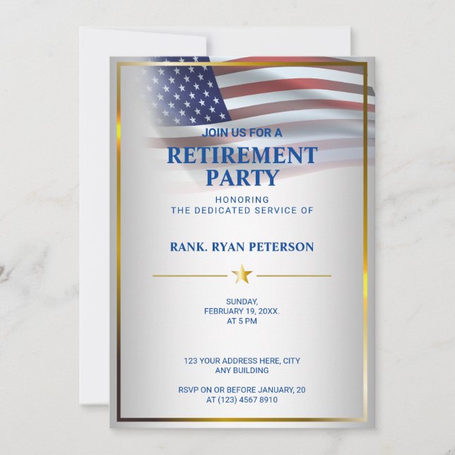 USA Flag | Transparent | Gold Frame | Luxury White Invitation (Front)