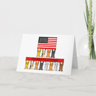 USA Flag with Cartoon Cats Congratulations Card