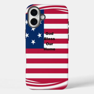 USA flag with God Bless our Home text art design iPhone 16 Plus Case