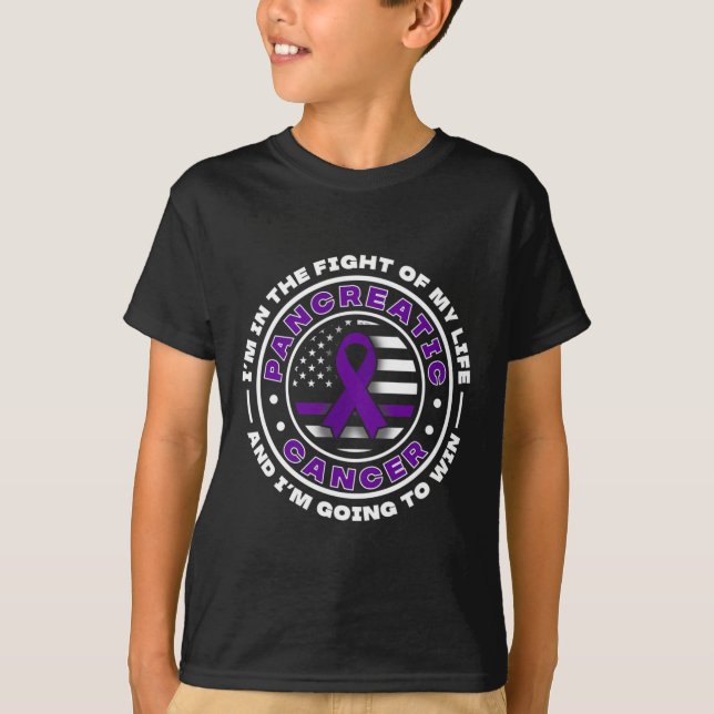 USA flag with purple ribbons for Pancreatic Cancer T-Shirt (Front)