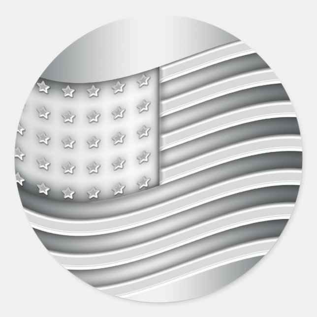 USA flag with Silver metal effect Classic Round Sticker (Front)