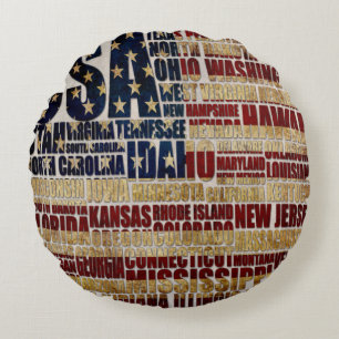 USA Flag Word Cloud All 50 States Art Round Cushion
