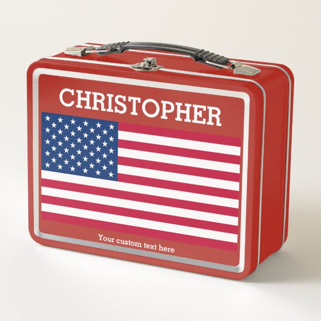 USA flag & Your name & Custom text red  Metal Lunch Box (Front)