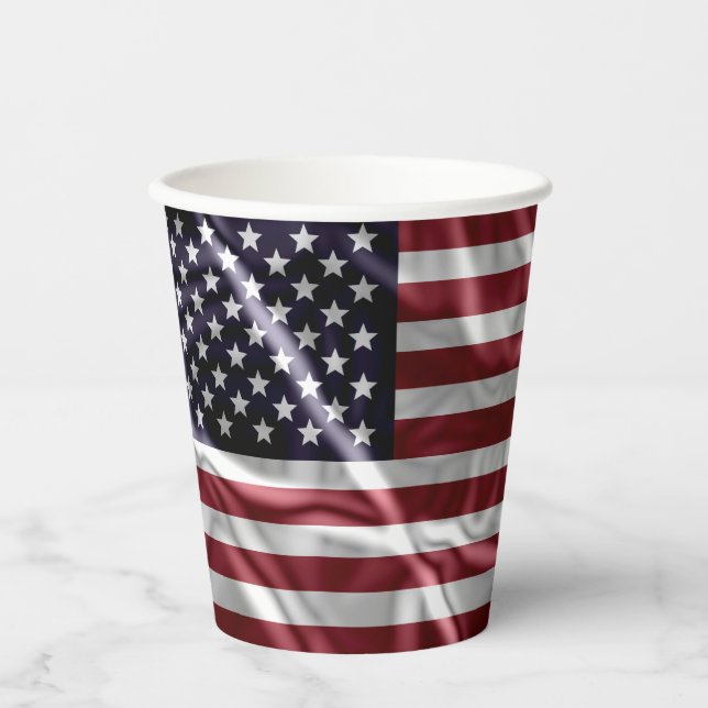 USA Flapping Flag Red, White Stripes, Starry Blue Paper Cups (Front)