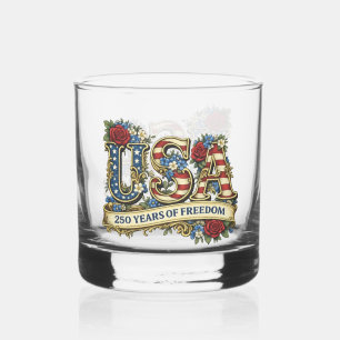 USA Floral Flag Emblem Whiskey Glass