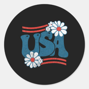 Usa Flower Patriotic 4th Of July Groovy American F Classic Round Sticker