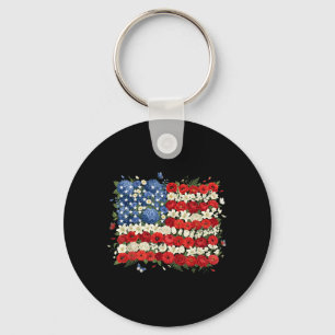 Usa Flowers Flag Patriotic Aamerican Floral Flag Key Ring