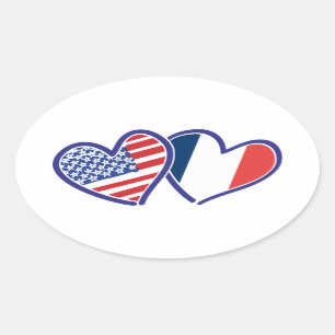 USA France Love Hearts Oval Sticker