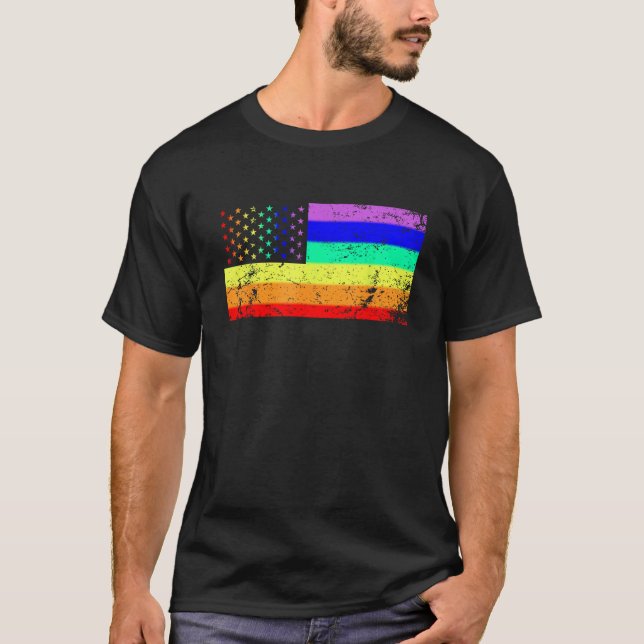 USA Gay Pride Flag Rainbow Stars Line Gay LGBT 4th T-Shirt (Front)