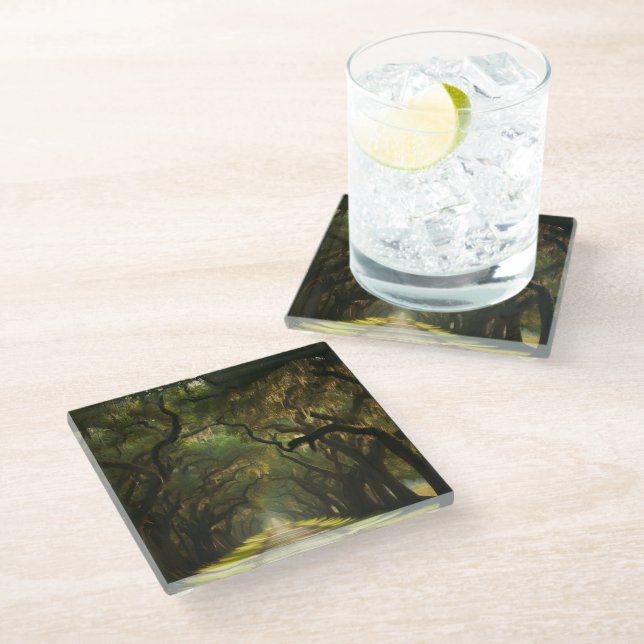 USA, Georgia, Savannah, An oak lined drive  Glass Coaster (Angled)