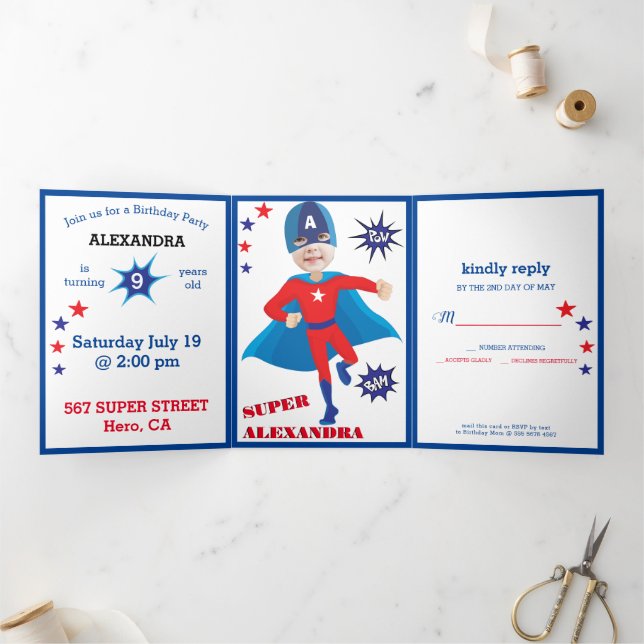 USA Girl Superhero Tremendous Birthday Tri-Fold Invitation (Inside)