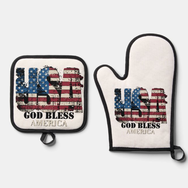 USA God Bless America Oven Mitt & Pot Holder Set (Front)