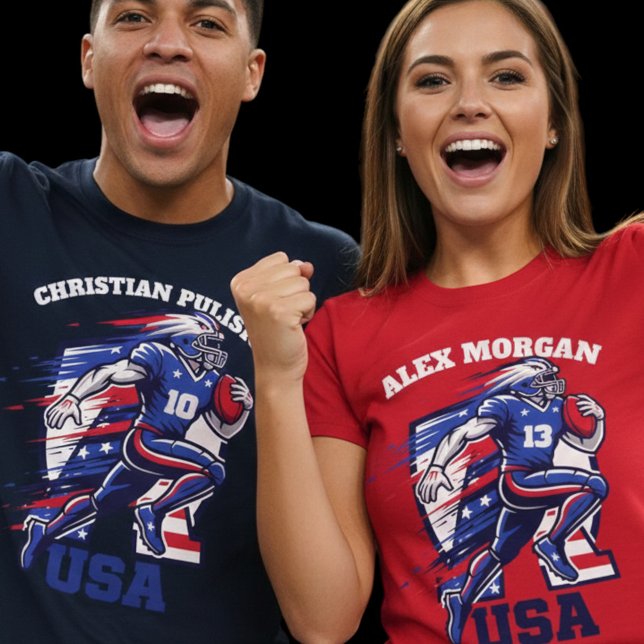 USA Gridiron Football Dynamic Action Patriotic  T-Shirt (Use Personalized to change color/font.
Choose a color that matches the background color of shirt)