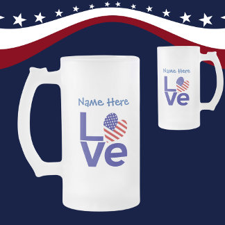 USA Heart Flag Blue LOVE Personalised Name Frosted Glass Beer Mug