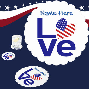 USA Heart Flag Blue LOVE Personalised Name Paper Coaster