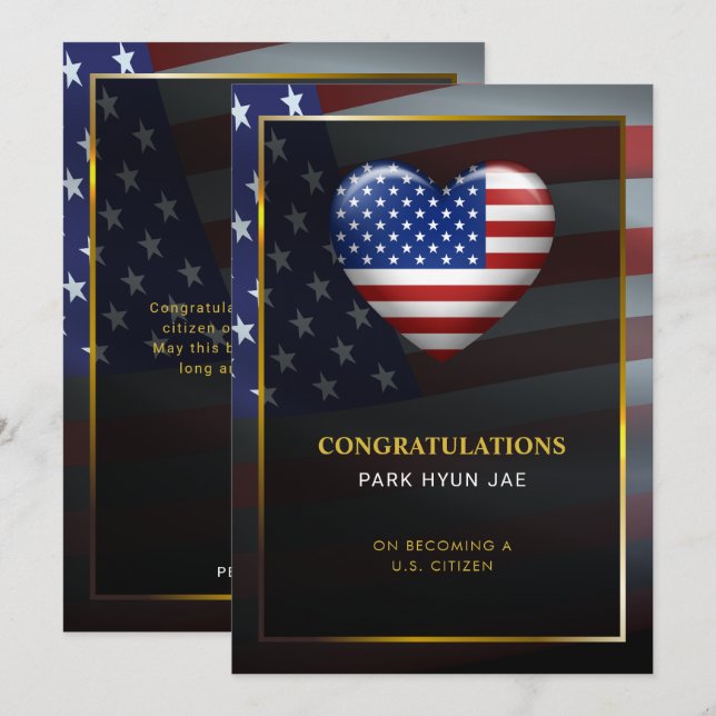 USA Heart Flag | Gold Frame | Citizenship Invitation (Front/Back)