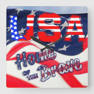 USA Home of the Brave Flag Square Wall Clock