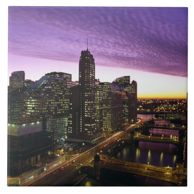 USA, IL, Chicago. Chicago skyline and river Ceramic Tile (Front)
