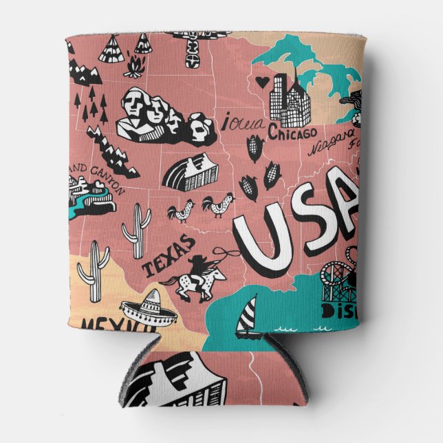 USA Illustrated: Colourful Map Journey. Can Cooler (Front)
