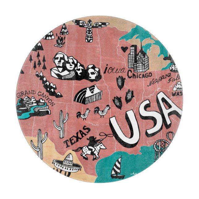 USA Illustrated: Colourful Map Journey. Cutting Board (Front)