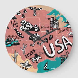 USA Illustrated: Colourful Map Journey. Large Clock