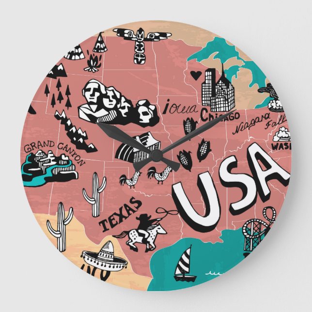 USA Illustrated: Colourful Map Journey. Large Clock (Front)