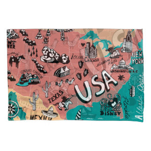 USA Illustrated: Colourful Map Journey. Pillowcase
